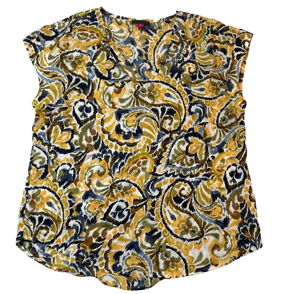 Vince Camuto Blouse Womens M Yellow Paisley Print V Neck Boho Cottagecore Chic